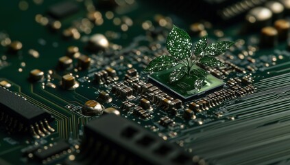Obraz premium Green Leaf Plant Growing on Computer Chip, Sustainable Technology Concept on Motherboard