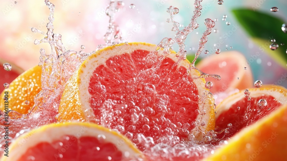 Poster a close-up view of vibrant grapefruit halves submerged in water with splashes vividly highlighting j