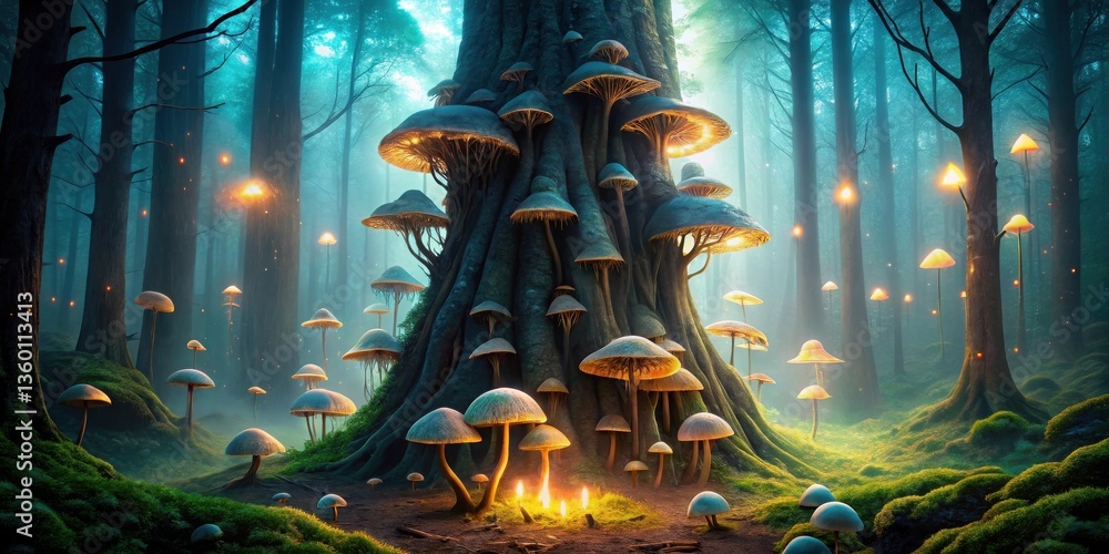 Poster enchanted forest scene with glowing mushrooms and ancient tree