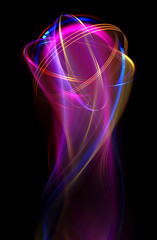 Obraz premium Swirl Stage. Neon glowing circles. Light Trails. Glint bright spiral. Motion ellipse..Slow shutter light trajectory. Long shiny tape. Accelerate twisted ribbon. Glowing dynamic lines.