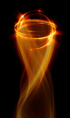 Swirl Stage. Neon glowing circles. Light Trails. Glint bright spiral. Motion ellipse..Slow shutter light trajectory. Long shiny tape. Accelerate twisted ribbon. Glowing dynamic lines.