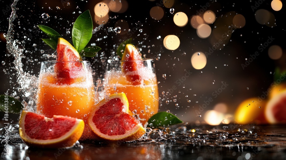 Poster refreshing and vibrant grapefruit juice in glasses surrounded by grapefruit slices and dynamic water