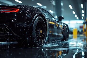 Close-up of a black automobile being washed at a car wash, background picture for a banner advertising the car wash. Generative Ai