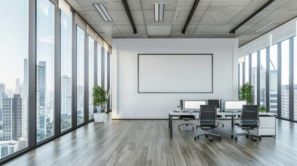 A modern office workspace interior setup with a blank poster on the wall. Generated AI image