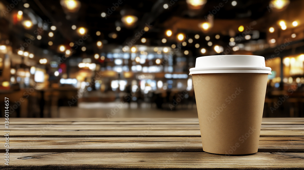 Poster a brown paper coffee cup with a white lid is placed on the table in front of a blurred background, c
