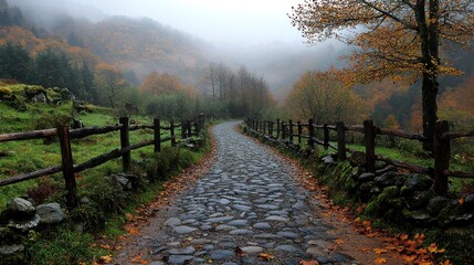 Obraz premium Autumnal mountain road through misty woods