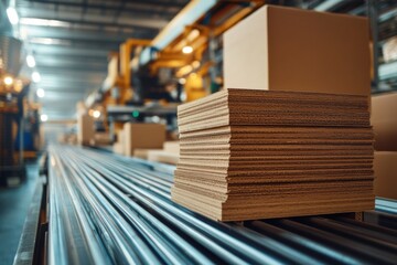 Sheets of cardboard are piled on a conveyor belt at a contemporary factory. Boxes are made from cardboard by automated technology. Generative Ai