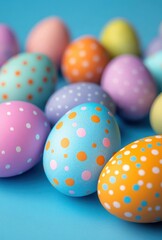 Obraz premium Colorful Pastel Easter Eggs Decorated with Polka Dots on a Bright Blue Background for Seasonal Celebrations and Festive Decor