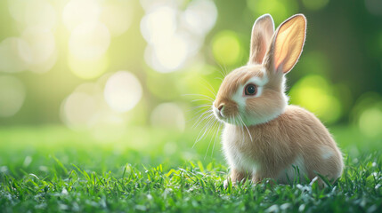 Obraz premium A small, fluffy rabbit sits on fresh green grass, surrounded by vibrant foliage and soft sunlight, creating a serene atmosphere during a tranquil spring afternoon