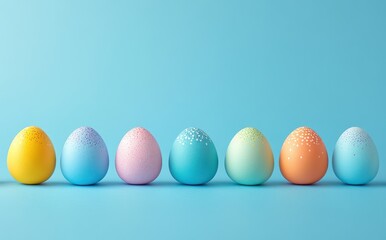 Obraz premium Colorful Pastel Eggs in a Row on a Soft Blue Background for Easter and Spring Decoration Inspiration and Seasonal Celebrations