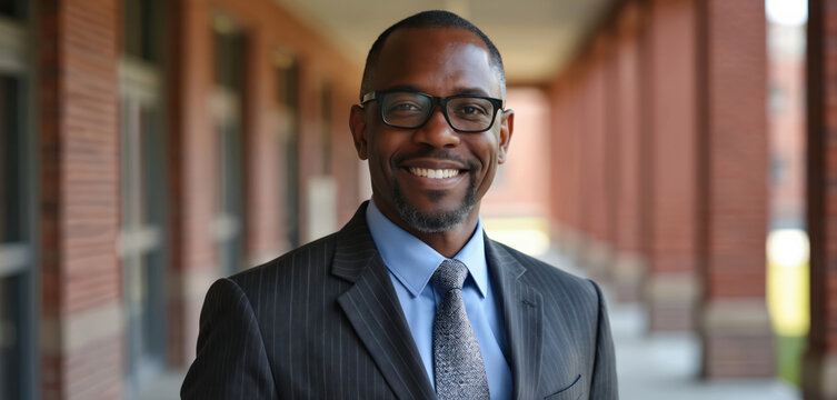 Portrait of smiling African American superintendent on first day of school. Executive leader wears glasses suit in academic campus. Confident manager, school principal headshot.