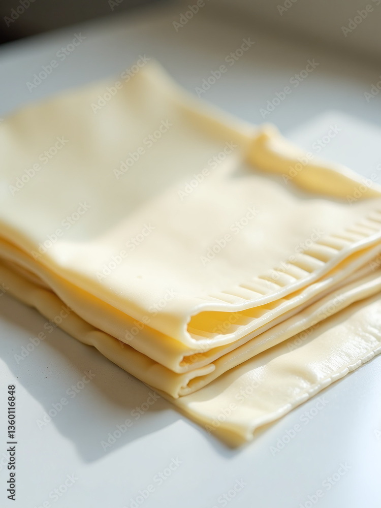 Poster puff pastry sheet laid flat on a white table, with several layers visible through transparent materi