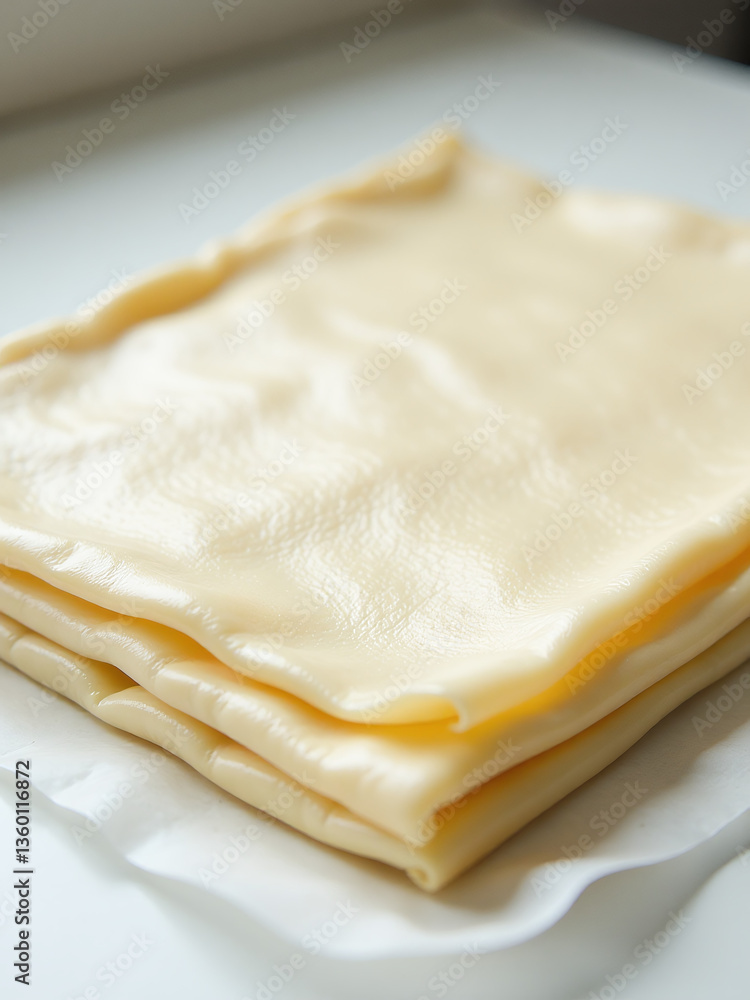 Poster puff pastry sheet laid flat on a white table, with several layers visible through transparent materi