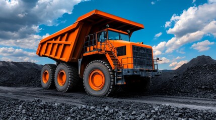 Large Orange Mining Dump Truck Hauling Coal on Sunny Day