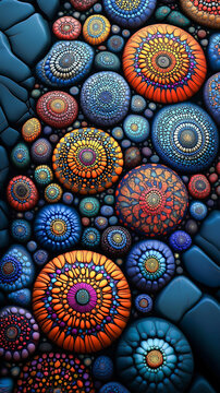 Colorful abstract pattern of circular stones with intricate designs, pointillisme 