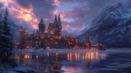 Naklejka premium Magical castle by a frozen lake at twilight