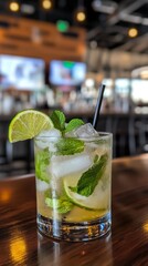 Fototapeta premium Refreshing Mojito with muddled mint and lime served in a lively bar setting with modern decor