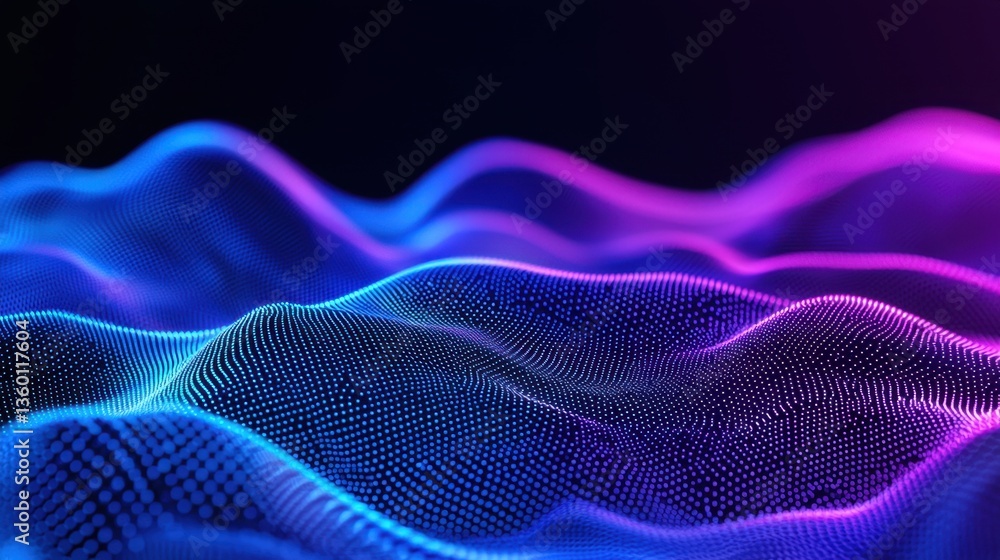 Poster softly illuminated deep textures of digital waveforms in electric blue and purple, creating a futuri