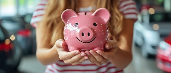 Obraz premium A person holding a pink piggy bank smiling at the camera