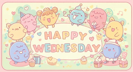 Happy Wednesday Illustration with Cute Cartoon Characters and Festive Elements