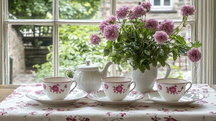 Fototapeta premium Elegant tea set, flowers, window