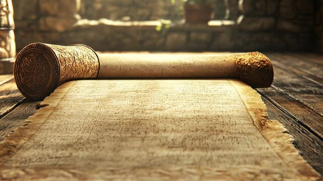 Ancient scroll on wooden table. Old paper light scrolling on a wall. A room with a table and chairs lying on the premises. Old scroll resting on a wooden lifestyle table.
