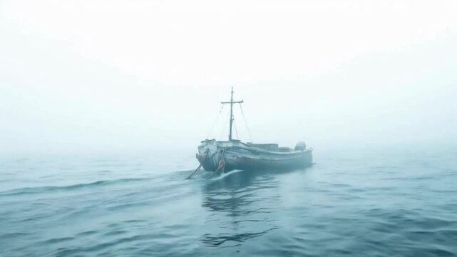 Lonely Pontoon Boat Floats Through Dense Fog in the Open Ocean Creating an Eerie and Mysterious Atmosphere With Only the Sound of Distant Waves Breaking the Silence