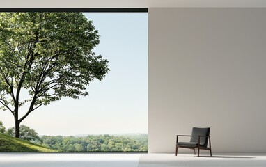 Modern minimalist room interior design with large window overlooking a lush green landscape and a dark gray armchair. Natural light floods the space, creating a serene and tranquil atmosphere