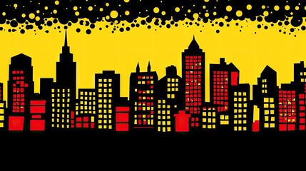 Night city skyline, illuminated buildings, yellow sky, comic style, background for superhero design