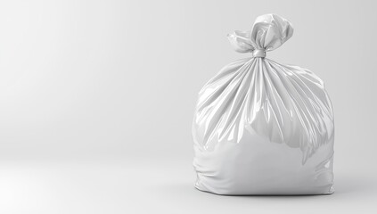 A full tied white plastic trash bag on a white background with smooth surface
