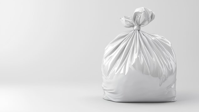 Fototapeta A full tied white plastic trash bag on a white background with smooth surface