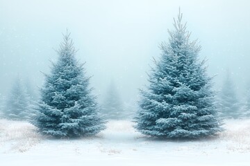 Serene Winter Landscape Two Snowy Blue Spruce Trees Frosty Field Peaceful Nature Scene Winter Wonderland Christmas Holiday Background Image