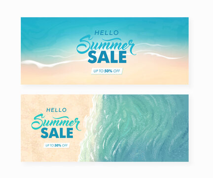 Vector beautiful realistic illustration of colorful sandy summer beach and palm trees. Summer sale horizontal promotional travel wallpaper, flyer or web banner design template