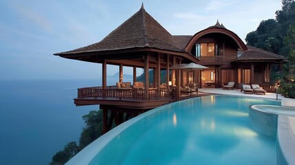 Fototapeta premium Luxury Tropical Villa Infinity Pool Ocean Sunset View