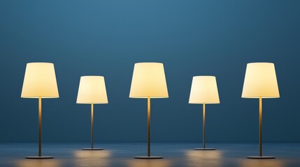 Five Illuminated Table Lamps of Varying Heights on Gray Floor Against Teal Wall