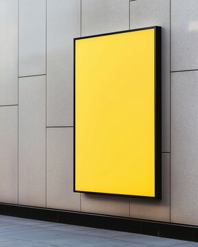 Fototapeta Bright Yellow Poster on a Textured Gray Wall Mockup for Advertisement and Promotion