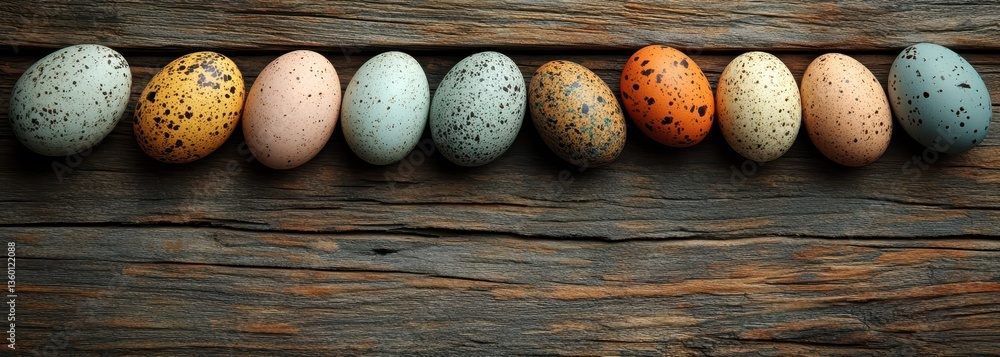 Poster colorful quail eggs in a row on rustic wooden surface showcasing natural textures and unique pattern