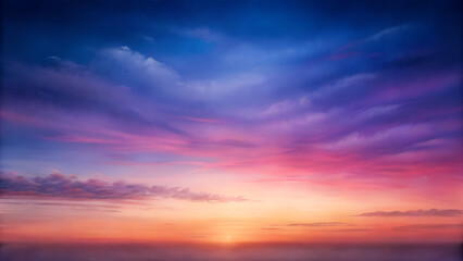 Obraz premium Watercolor sunset sky background, deep purples and soft pinks fading into horizon, embodying Summer Solstice evenings with copy space 