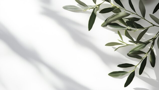 Olive branches with green leaves casting shadows on a white surface background