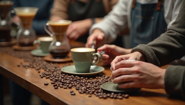 People enjoy coffee workshop, tasting process. Barista makes specialty drink in cafe. Ceramic cups, beans scattered on wooden table, alternative coffee brewing equipment in background.