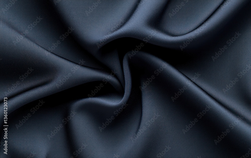 Poster close-up shot of dark blue fabric with a subtle shimmer, exhibiting soft wrinkles and folds. the tex