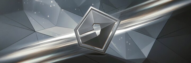 Fototapeta premium Abstract tilted pentagon emblem with missing slice and glowing highlights – Ideal for branding, modern UI elements, or sci-fi visuals.