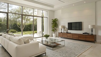 Fototapeta premium Bright Living Space with Modern Furnishings, Large Windows, and Natural Light Flooding a Spacious, Airy Room.