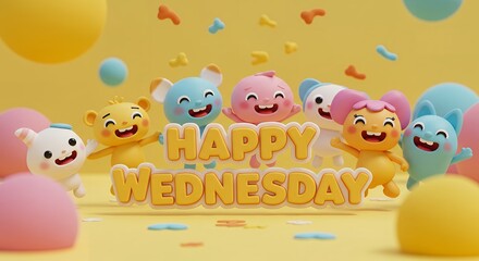 Fototapeta premium Happy Wednesday Cartoon Character Celebration with Colorful Background and Festive Vibe