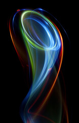 Swirl Stage. Neon glowing circles. Light Trails. Glint bright spiral. Motion ellipse..Slow shutter light trajectory. Long shiny tape. Accelerate twisted ribbon. Glowing dynamic lines.