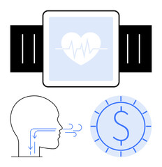 Fitness tracker displaying heart rate, human profile demonstrating mindful breathing, monetary symbol in circle. Ideal for health, wellness, technology, self-care, finance, mindfulness lifestyle