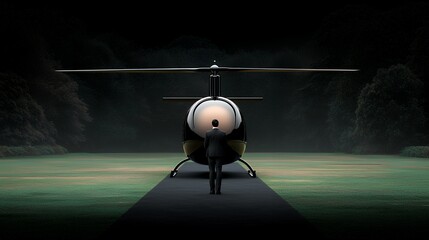 Fototapeta premium Man in Suit Approaching Black Helicopter at Night