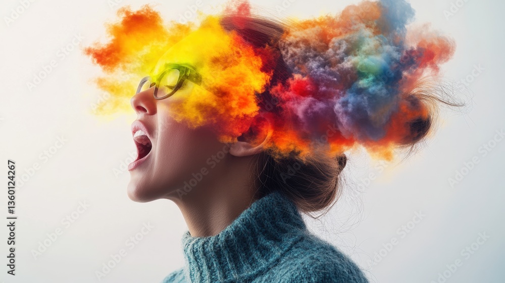 Poster profile view of a woman with glasses shouting, her head exploding with a vibrant multicolored cloud 