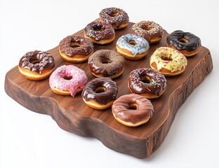 Delicious Assorted Donuts Displayed on Wooden Board, Perfect for Sweet Treats