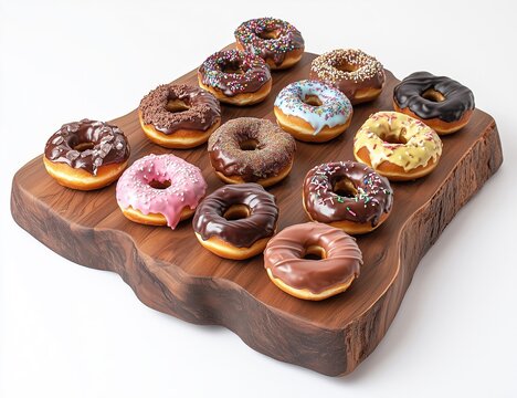Fototapeta Delicious Assorted Donuts Displayed on Wooden Board, Perfect for Sweet Treats